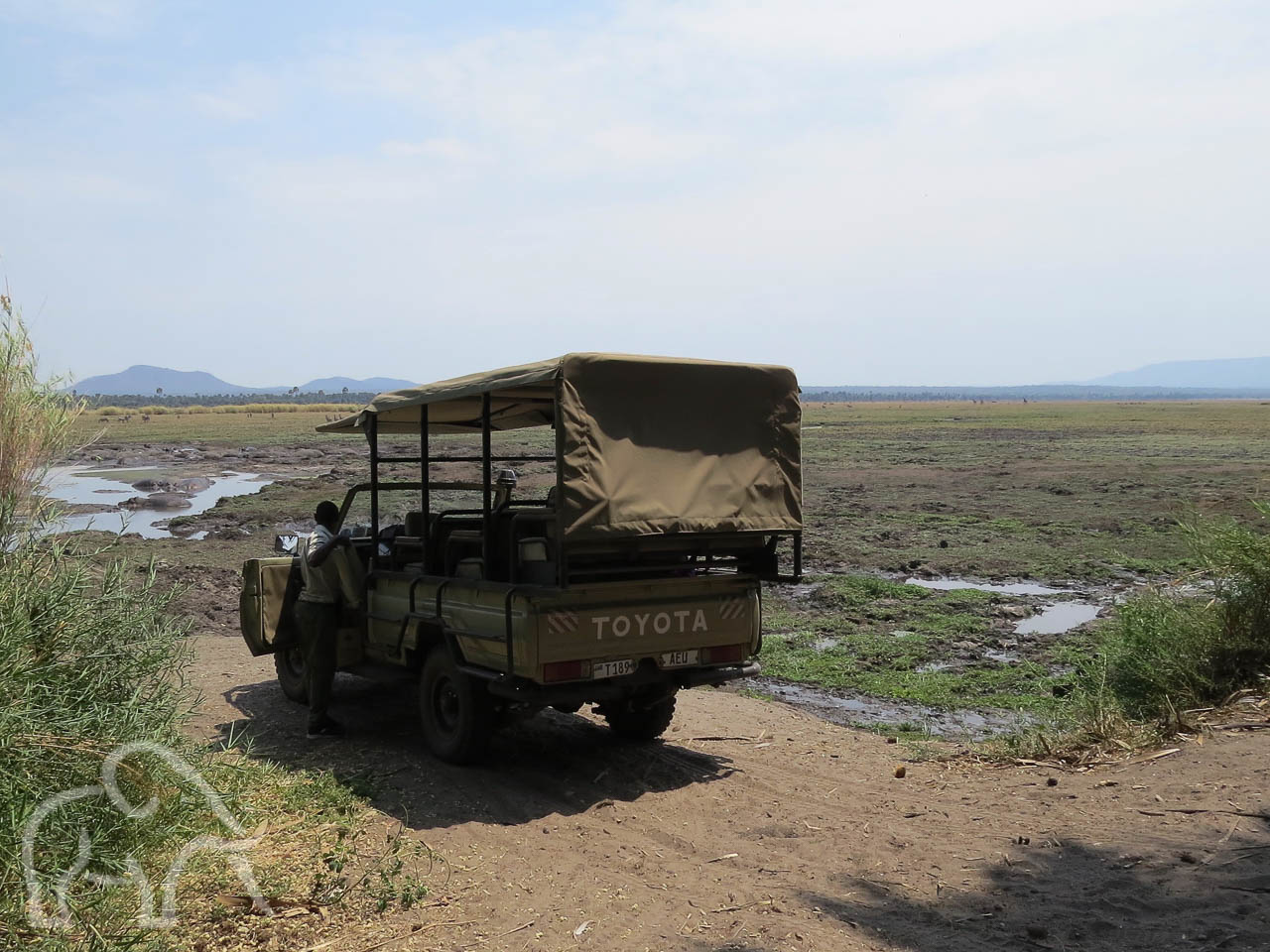 stilstaande open safari auto met afdak bij een open vlakte met waterpoelen en grasland