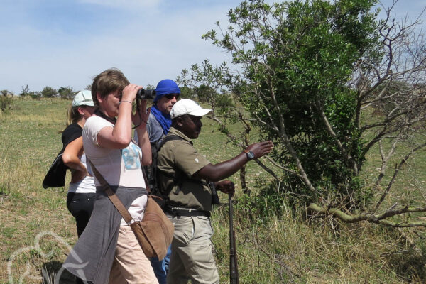 een meerdaagse wandelsafari waarbij een vrouw met verrekijker en gids die wijst en man die luistert op de vlakte van de serengeti