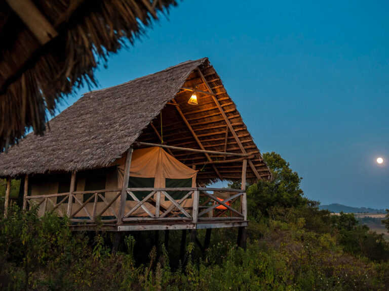 canvas tent met rieten dak op palen en een veranda van op een heuvel uitkijkend op rhotia valley tanzania