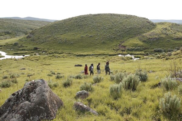 vier mensen die een wandeling maken in de Olmoti krater tanzania