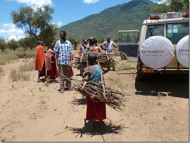 Masai met takkenbossen op hun rug en droomreis tanzania auto aan de zijkant gasten op bezoek bij de Masai