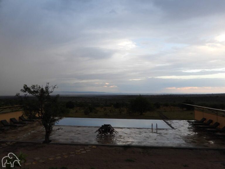 Vroege ochtend met veel wolken aan de lucht en een uitzicht over de serengeti met op de voorgrond een infinity pool