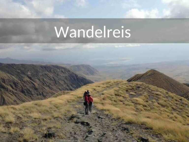 16 daagse rondreis door Tanzania. Met nadruk op wandelen en wandelsafari's in de nationale parken. 4 mensen lopen over een bergkam in de buurt bij Lake Natron