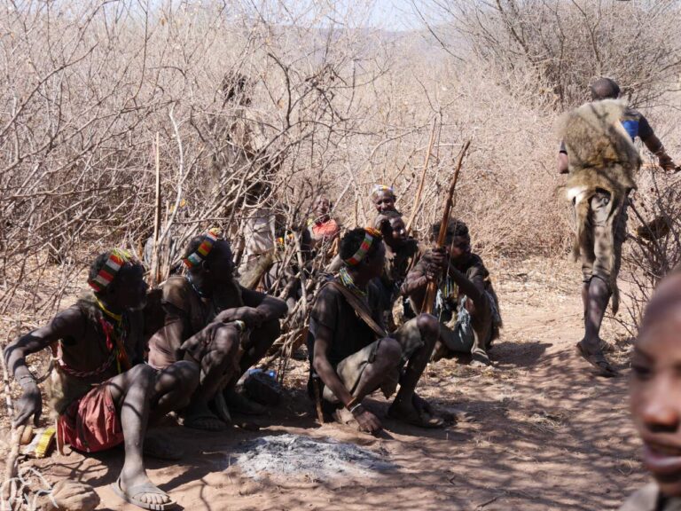 Tijdens een safari rondreis door Tanzania een activiteit. Gasten bezoeken de Hadzabe stam. Er zitten verschillende mannen op de grond in hun traditioneel kleding