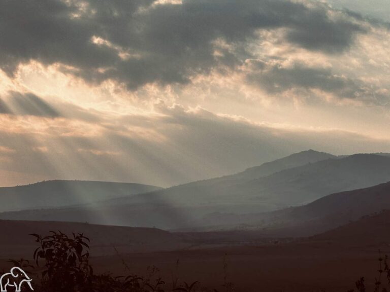 zonnestralen door de wolken en ochtenmist bij ngorongoro krater
