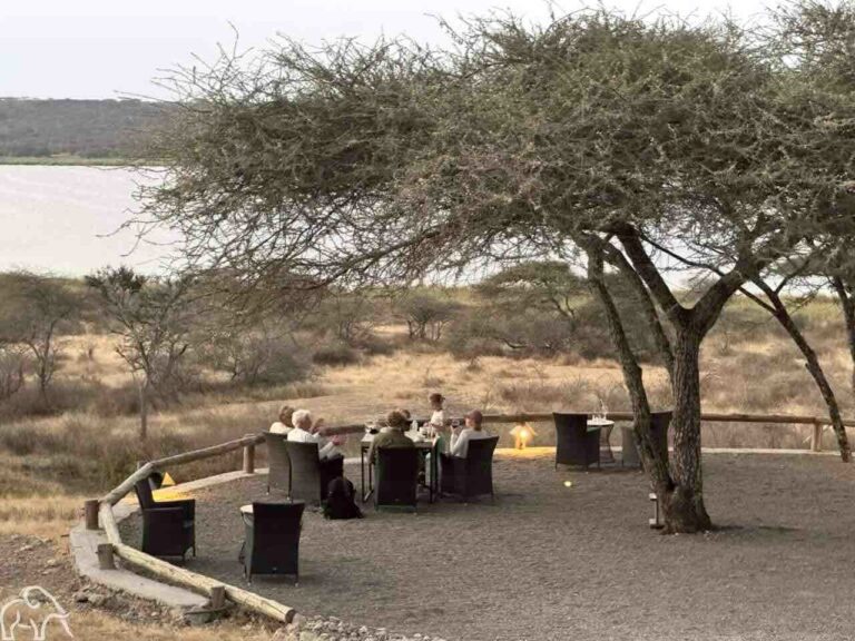 Terras midden in de natuur met mensen rond een tafel in Ndutu Tanzania