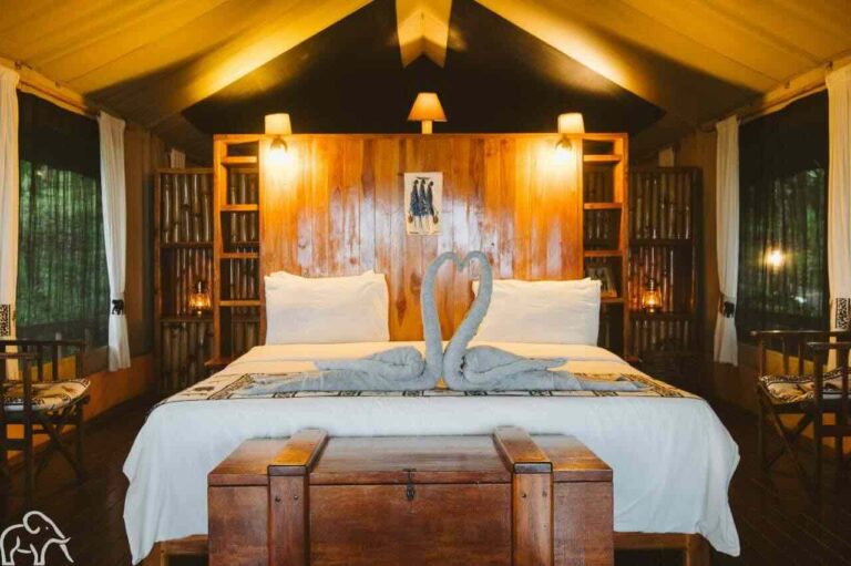 Mooi opgemaakt bed in een safari tent met de handdoeken als twee zwaantjes