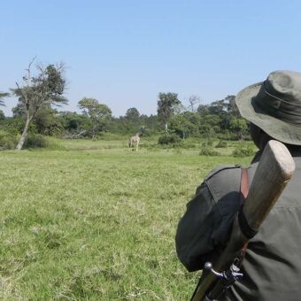 ranger met geweer kijkt naar een giraf verder op een groene vlakte