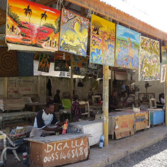 tinga-tinga markt markt met tinga tinga schilderijen een kunstvorm waar gewerkt wordt met felle kleuren en eenvoudige afbeeldingen van alles wat zich afspeel in Tanzania