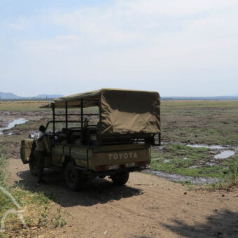 stilstaande open safari auto met afdak bij een open vlakte met waterpoelen en grasland