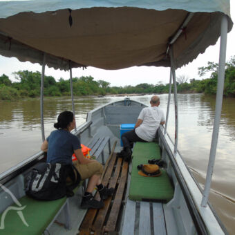 Boottocht Wami rivier vanuit een boot met afdak met een man en vrouw aan de zijkant varen we over de Wami rivier bij Saadani met aan de oevers dicht struikgewas