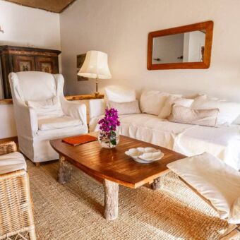 Woonkamer met witte banken en veel natuurlijke materialen