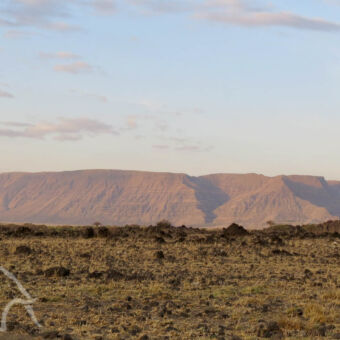 landschap landschap overzicht met op de voorgrond een vlakte dor en donkerbruin en aan de horizon lichtbruine afgevlakte bergen in allerlei vormen bij Lake Natron