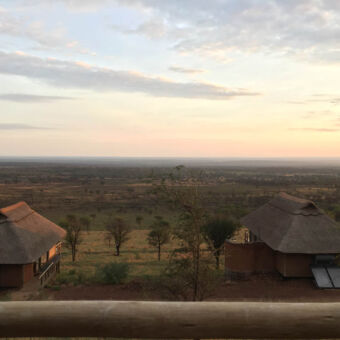 in de schemering uitzicht vanaf de veranda boven op twee huisjes met rietendaken buitendouche en een prachtig uitzicht over de serengeti