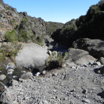 Shira plateau op de Kilimanjaro rotsen met een klein watertje vlakbij het Shira plateau