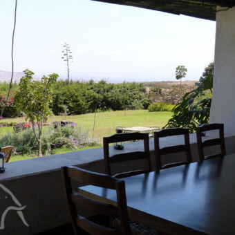 veranda met panoramisch uitzicht uitzicht vanuit de deur over de veranda en tuin bij Simba farm west kilimanjaro tanzania