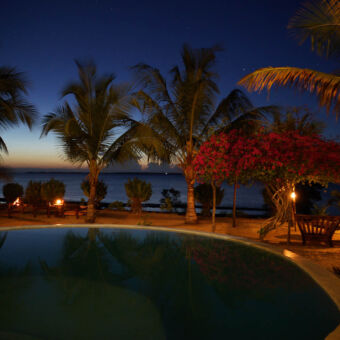 romantische sundowner schemerig met weinig verlichting zwembad omringt met palmbomen met daarachter de zee op zanzibar