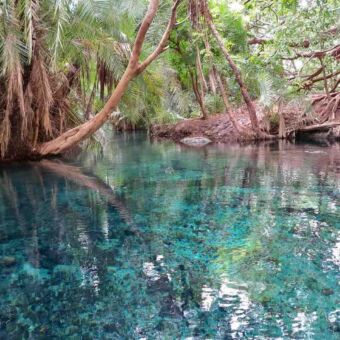 helder water in een prachtige kleur helder blauw en groen water van de chemka hotsprings met aan de overspeel begroting