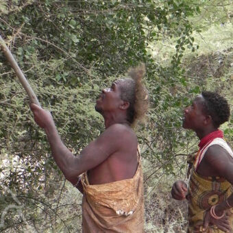 op jacht twee Hadzabe mannen in traditionele kleding en haardracht aan het jagen