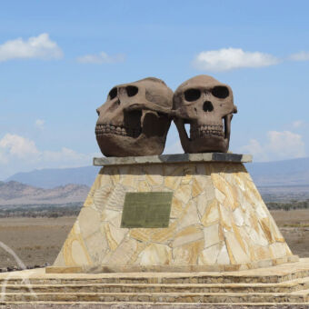 entree langs de weg twee schedels op een sokkel bij de ingang van het olduvai gorge museum vlakbij de serengeti tanzania