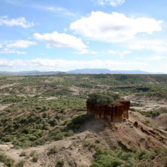 landschap met panoramisch uitzicht landschap met groene struiken en in het midden uitstekende zandsteen rots van Olduvai gorge waar zeer oude menselijke resten zijn gevonden tanzania
