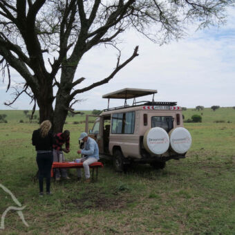 koffie pauze meisje en twee mannen waarvan 1 zittend op een bankje en de andere koffie aan het maken is. daarachter de safari auto dit tijdens een gamedrive