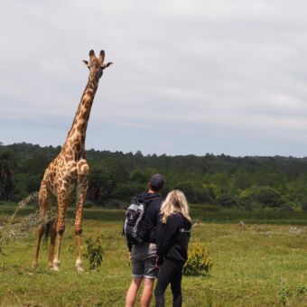 man en vrouw staand met vlakbij een giraf in arusha national park wandelsafari met ranger tanzania