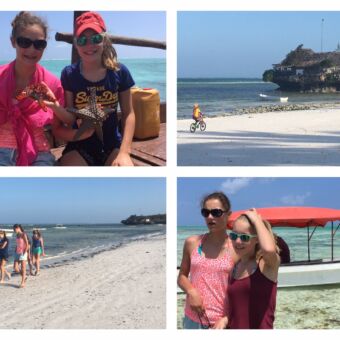 overzicht van kinderen op zanzibar met een zeester lopend langs het strand na familie safari