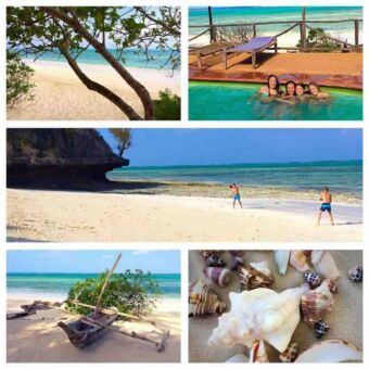Overzicht van strandvakantie met zand zee familie in zwembad schelpen oud vissersbootje afsluiting na een safari