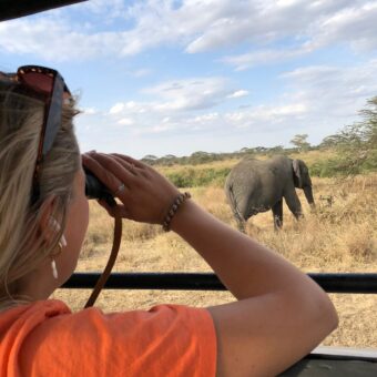 Reiservaring safari Tanzania. Een vrouw staand in de safari auto die met een verrekijker naar een olifant kijkt in Tarangire National Park in tanzania