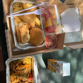 pickniklunch tijdens een safari met broodjes vers fruit een pakje drinken en andere versnapering