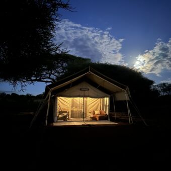 safari tent in het half donker met het licht binnen aan in tarangire