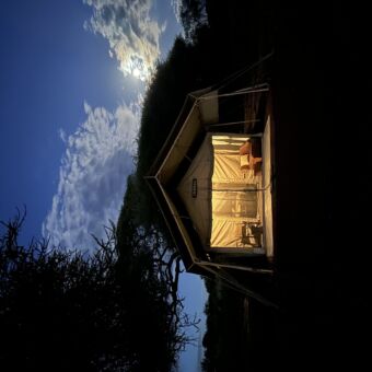 safari tent in het half donker met het licht binnen aan in tarangire