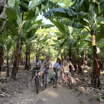 vier mensen op een mountainbike staand tussen de bananen bomen op een bananenplantage in Mto ma Mbe Tanzania