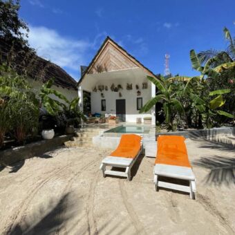 Zanzibar strand met een wit huisje met rietendak en plungepool met daarvoor twee ligbedden