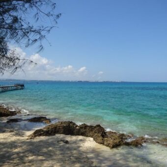 op het strand van prison island een uitzicht over de indische oceaan en het eiland zanzibar