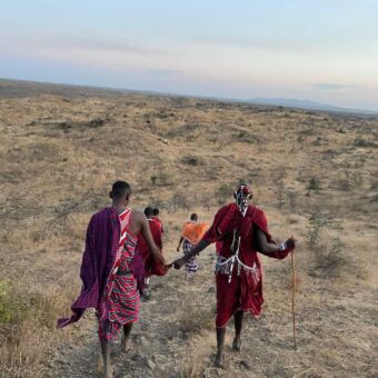 Rondreis door Tanzania. Er lopen 4 Masai mensen in gekleurde gewaden over de vlaktes. Twee hebben elkaars hand vast