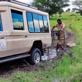 Safari auto van Droomreis Tanzania zit vast in een grote plas met water in de Serengeti. De gids probeert op blote voeten stenen onder de wielen te leggen. Reiservaring Tanzania