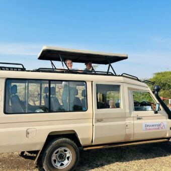 kinderen van gasten van droomreis tanzania staand in de safariauto familiesafari tanzania