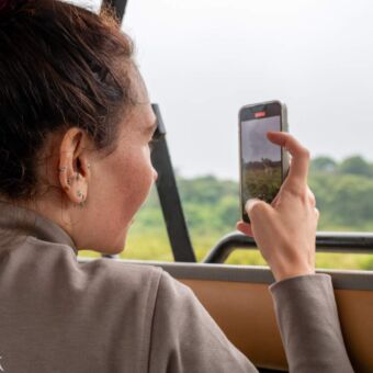 reiziger die met de telefoon een foto probeert te maken van een dier dat ze gespot heeft