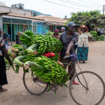 Tanzaniaan met grote trossen bananen aan en op de fiets