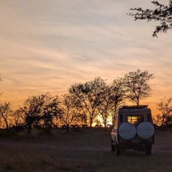 Zonsondergang droomreis safari auto en gnoes aan de horizon
