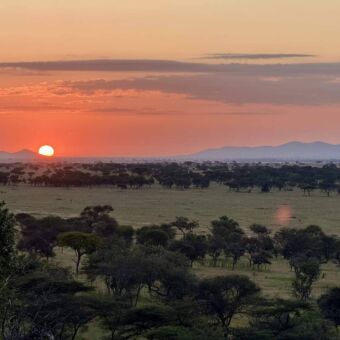 Oranje lucht van een ondergaande zon boven de vlakte van de Serengeti