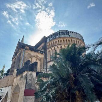 De voormalige Anglicaanse kathedraal in Stone Town, Zanzibar, met zijn romaanse apsis, de top van een moskee en palmbomen op de voorgrond.