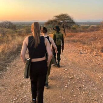 wee mensen, van achteren gezien, lopen op een onverharde weg achter een gewapende gids in uniform. Ze zijn bezig met een wandelsafari in een droge, savanne-achtige omgeving bij zonsondergang of zonsopgang.