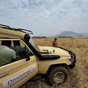 Twee mensen die lunchen bij een safari-jeep op de uitgestrekte vlaktes van de Serengeti.
