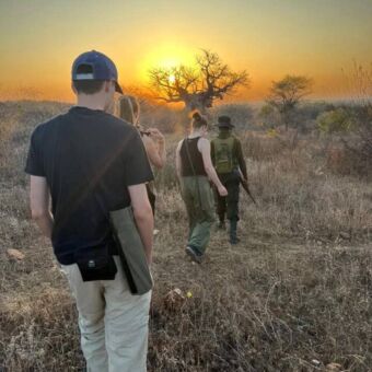 Jongen vanachter die met anderen en de gids bij een opkomende zon op wandelsafari in Ruaha