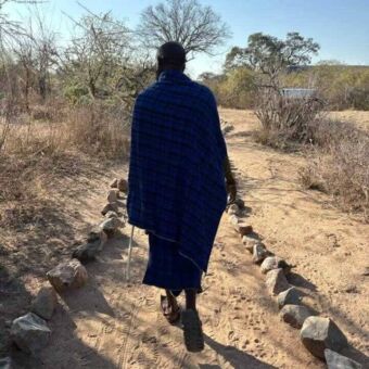 Masai man die voor je loopt over een pad in Ruaha National Park